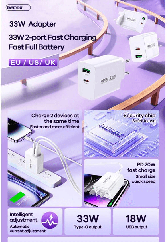 RP-U122 Cargador Rápido Dual de 33W para Dispositivos Apple y Android 2