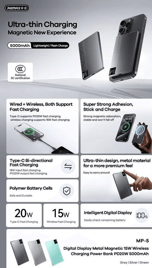 MP-5 Power Bank Inalámbrico con Carga Rápida PD 20W