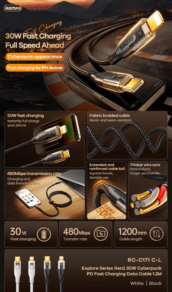 CYBERPUNK-DATA-CABLE-IPHONE-RC-171-CL - Cable de Datos iPhone con Carga Rápida 30W PD