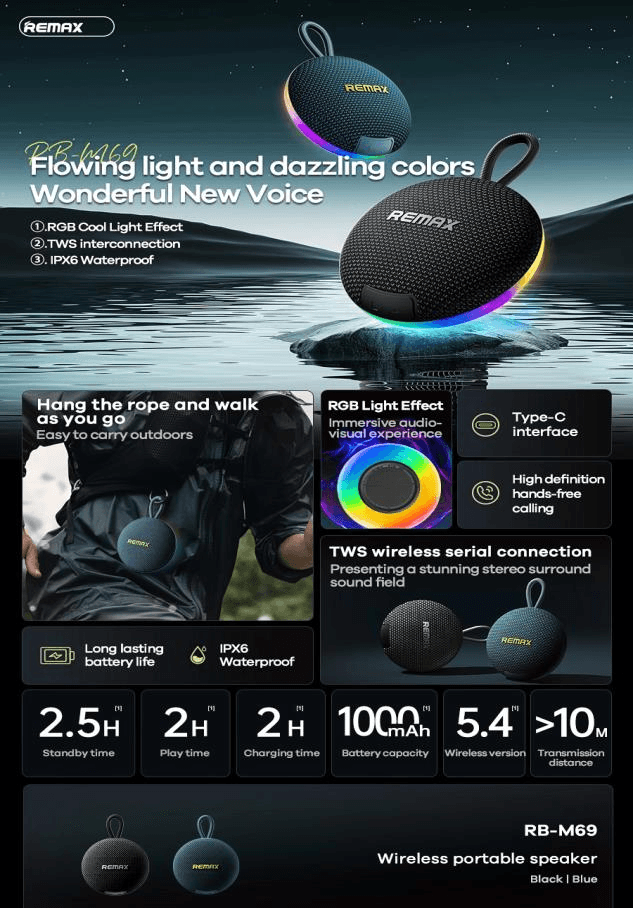 RB-M69 Altavoz Portátil Inalámbrico con Luces RGB y Resistencia al Agua 3