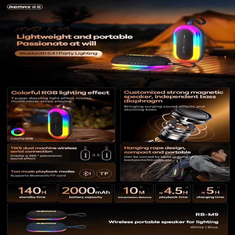 RB-M9 Altavoz Inalámbrico Portátil con Luces y Salida de 7W 2