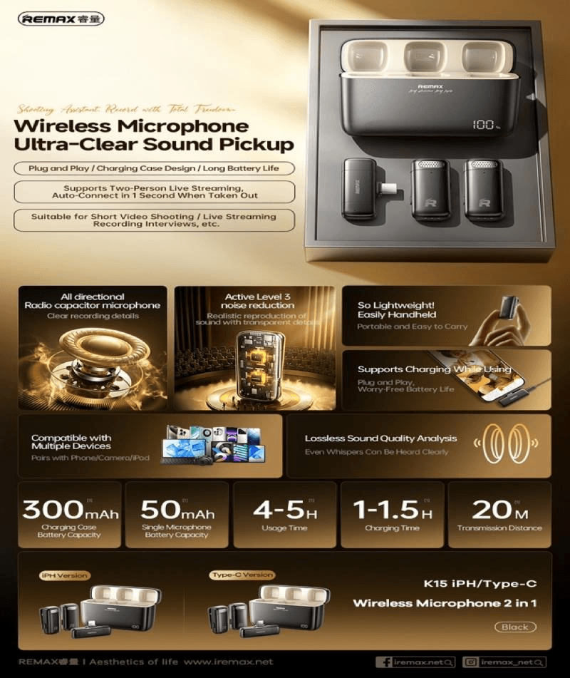 K-15 Micrófono Inalámbrico 2 en 1 para Transmisión en Vivo 3