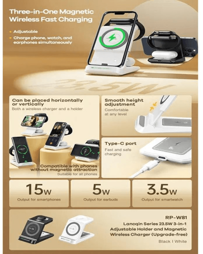 RP-W81 Cargador Inalámbrico Magnético Ajustable 3 en 1 con Soporte MagSafe 2