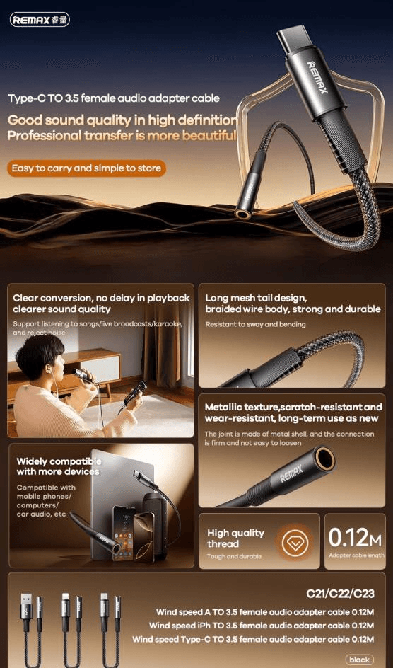 REMAX-SERIES-VELOCITY-CABLE-AUDIO-ADAPTER: Adaptador de Audio Lightning/Type C para Dispositivos Móviles 3