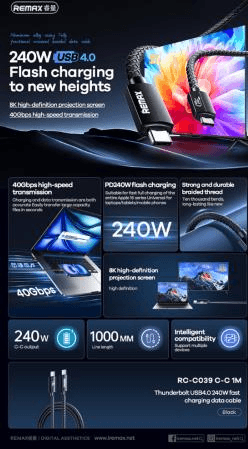 RC-C039 - Cable USB 4.0 Tipo C de 1 metro con carga rápida de 240 vatios 2