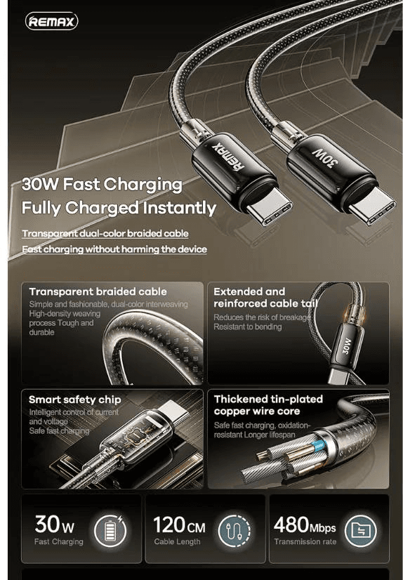 RC-C036 Cable de Datos con Carga Rápida de 30W Compatible con Apple y Android 3