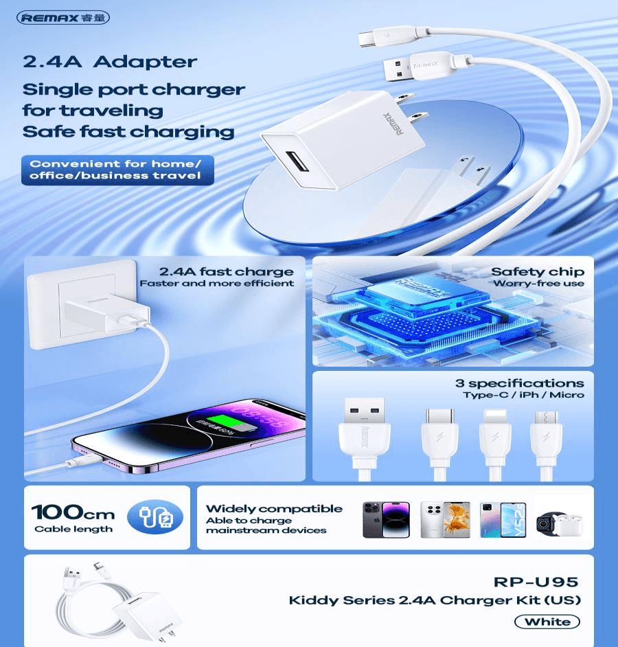 RP-U95 Cargador y Cable de Datos para Apple y Android de 2.4 AMP 2