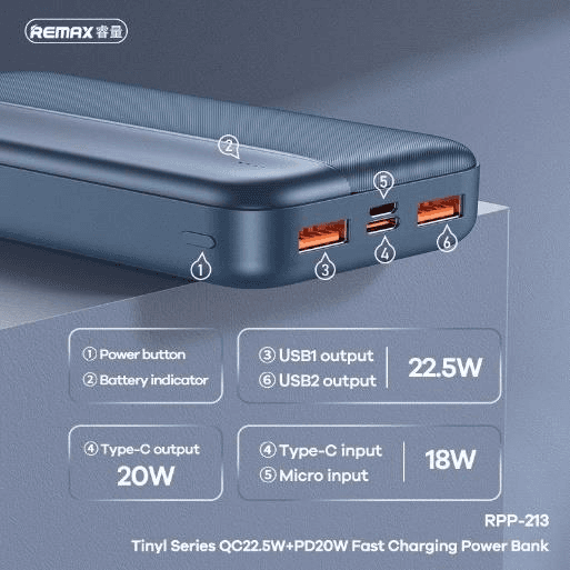 RPP-213 Power Bank de 20000mAh con Carga Rápida QC y PD 3