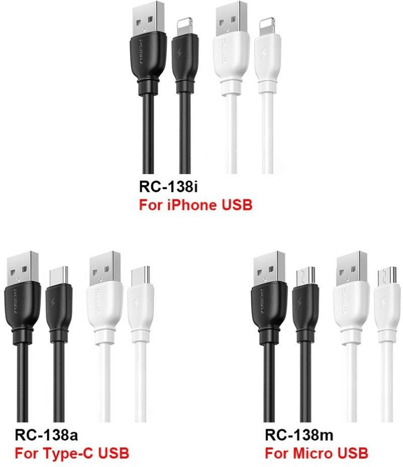 RC-138M Cable USB Carga Rápida 2.4Amp Compatible Apple/Android/iPhone/Tipo C