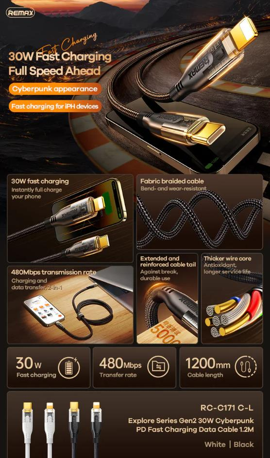 CYBERPUNK-DATA-CABLE-IPHONE-RC-171-CL - Cable de Datos iPhone con Carga Rápida 30W PD