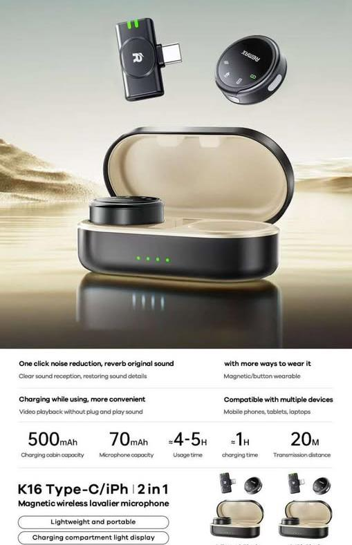 K-16 Micrófono Inalámbrico Lavalier Magnético 2 en 1 para Apple y Android