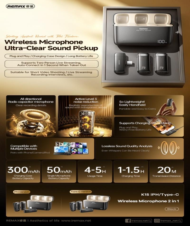 K-15 Micrófono Inalámbrico 2 en 1 para Transmisión en Vivo imagen 3