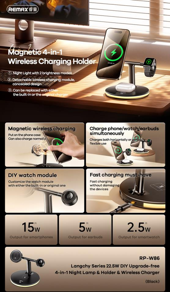 RP-W86 Cargador Inalámbrico 4 en 1 para iPhone, AirPod y Apple Watch imagen 3