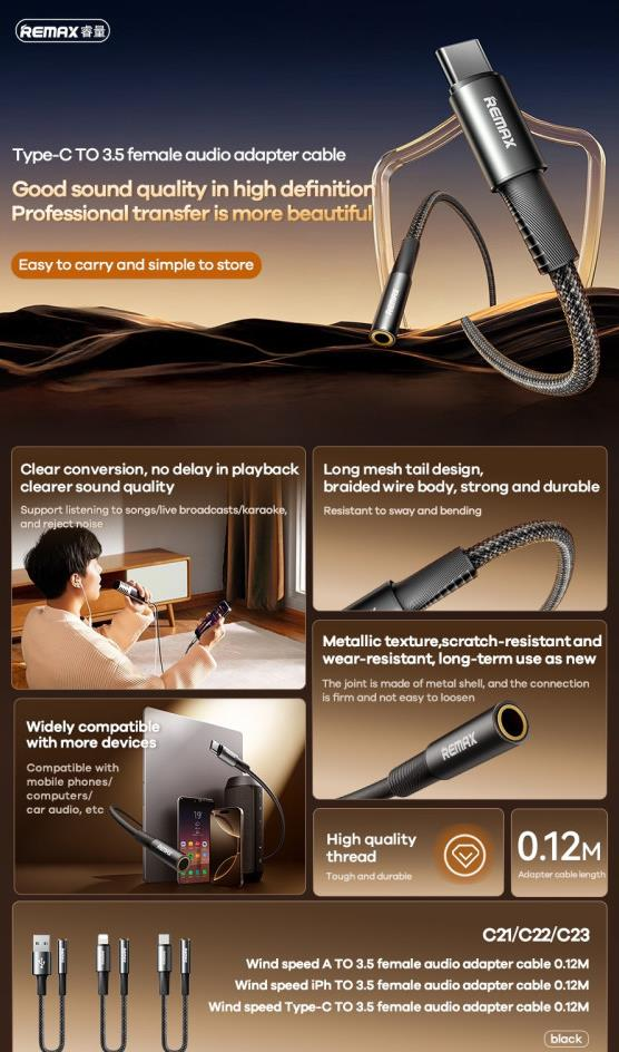 REMAX-SERIES-VELOCITY-CABLE-AUDIO-ADAPTER: Adaptador de Audio Lightning/Type C para Dispositivos Móviles imagen 3