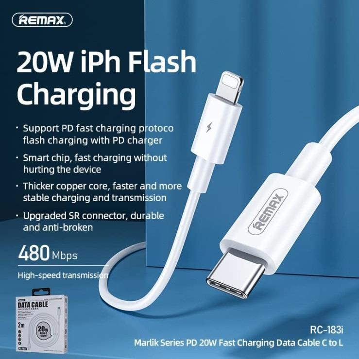 RC-183I - Cable USB Lightning a Type C con Carga Rápida de 20W y 2 Metros de Largo